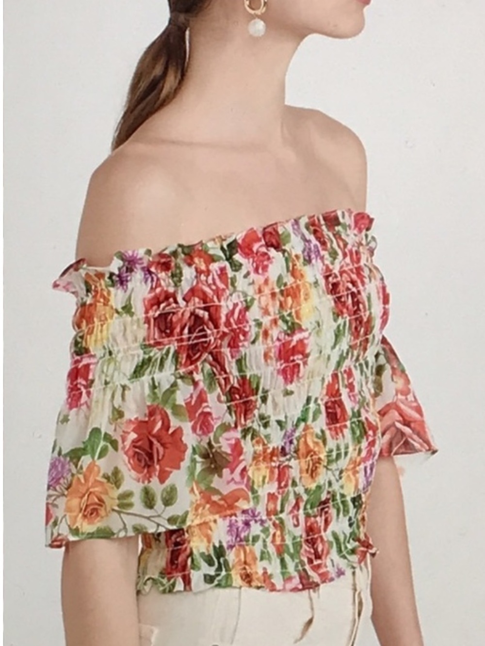 L’Agence Bexley Off Shoulder Smocked Top in White Multi Garden Floral S $260 - Picture 2 of 15